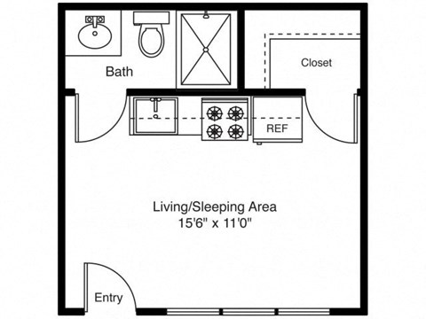 Floor plan for studio, 1 bath, 199 sqft